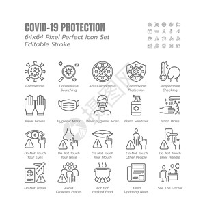 洗手液图标一组简单的 Covid-19 保护线轮廓图标 诸如保护措施冠状病毒预防卫生保健解决方案意识等图标 64x64 像素完美 可编辑笔设计图片