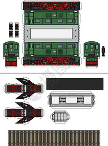 轨枕一辆经典绿色电力机车的纸模型铁路院子发动机力量运输棕色纸艺机器玩具电弓插画