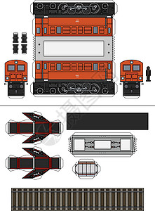 一辆经典橙色电力机车的纸模型红色蒸汽发动机棕色轨枕铁路黑色卡通片橙子机器插画