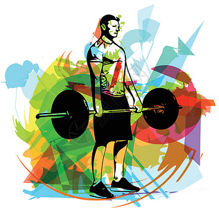 在健身房用杠铃进行举重锻炼健美插图娱乐力量男人竞技男性健身运动身体背景图片