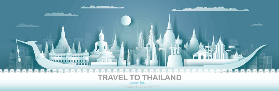 海佛斯旅行泰国顶面世界著名宫殿和城堡建筑学首都墙纸广告文化纸艺纪念碑庆典全景海报旅游插画