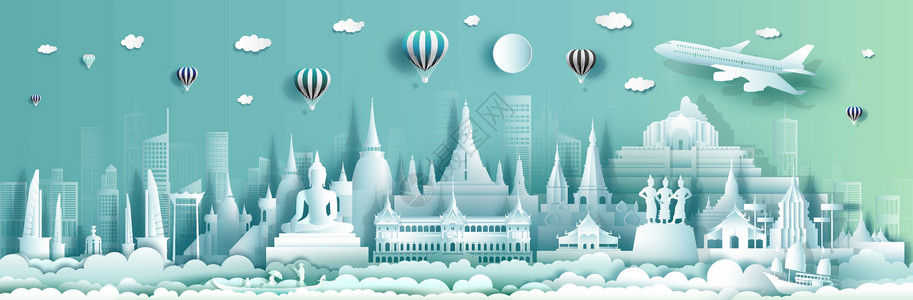 城府旅行泰国顶面世界著名宫殿和城堡建筑学城市墙纸宗教庆典海报宝塔首都折纸建筑景观插画