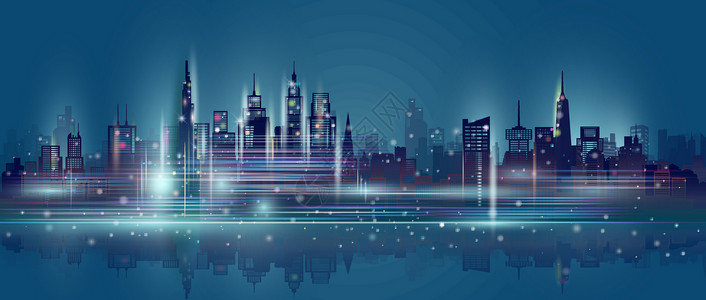 市中心摩天大楼背景中的科技城霓虹灯背景图片