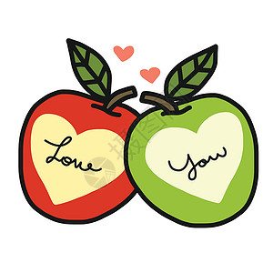 爱妃苹果爱你这个词和心红色和绿色苹果卡通矢量它制作图案插画