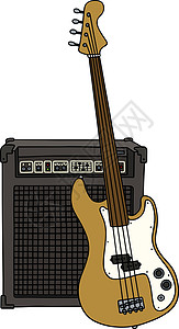 电贝斯电无品贝斯吉他和梳子盒子流行音乐民间扬声器蓝调卡通片功放乐器放大器白色插画