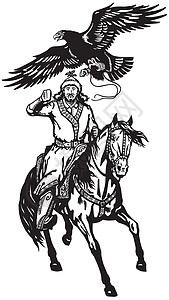 蒙古骑马骑马的亚洲鹰猎人插画