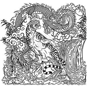 黑白老虎中国龙虎在风景中 绘画艺术插画