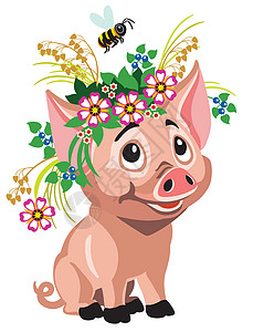生态猪戴着花环的小猪插画