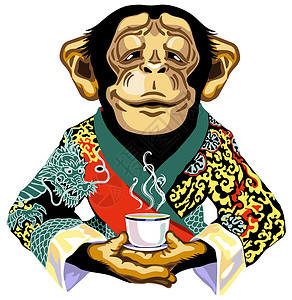 荒野茶穿着红色和服的黑猩猩拿着一杯 te插画