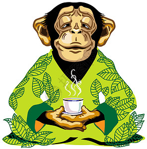 荒野茶穿着绿色和服的黑猩猩端着茶杯插画