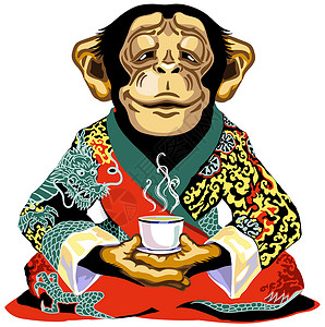 荒野茶穿着红色和服的卡通黑猩猩拿着杯子插画