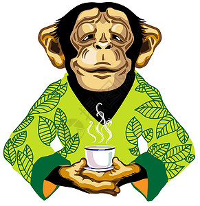 荒野茶穿着绿色和服的黑猩猩拿着一杯 te插画