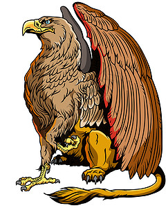 坐着的格里芬侧视图鹰头怪物狮鹫生物传奇狮子动物翅膀神话插画