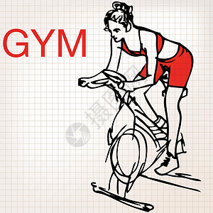 自行车上恋人年轻女性在固定自行车上锻炼的插图训练运动身体有氧运动绘画女孩健身房女士重量机器设计图片