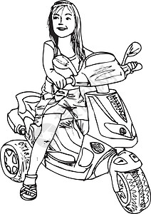 女士摩托车驾驶摩托车的小女孩素描 它制作图案矢量塑料绘画问候语速度孩子自行车公主运输快乐车轮设计图片