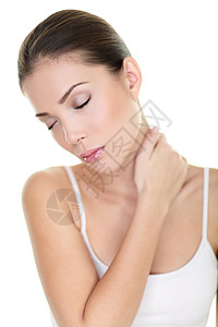 颈部疼痛问题 亚洲女性触摸疼痛的背部肌肉以释放压力带来的紧张感 物理疗法治疗或按摩疗法概念背景