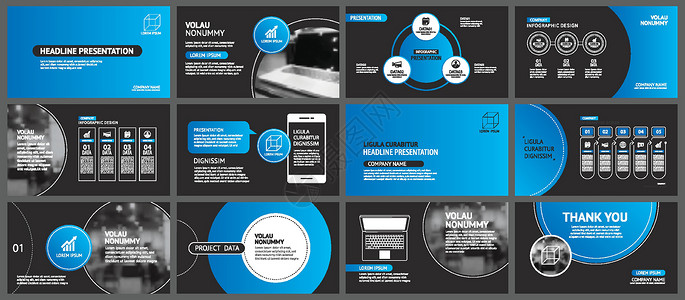 演示文稿和幻灯片布局背景 设计蓝色和黑色广告报告文件夹嘲笑图表横幅工作项目圆圈商业背景图片