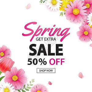 鲜花店铺素材春季销售方形横幅与盛开的鲜花背景温度设计图片