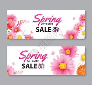 春季植物横幅春季销售凭证横幅与盛开的花朵背景 tem设计图片