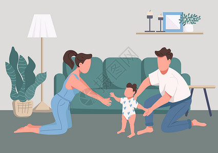 迈出第一步家庭快乐时刻平坦的彩色矢量插图母亲团体母性妈妈身份丈夫妻子横幅育儿信息插画