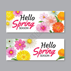春天卡片你好春天贺卡横幅模板与五颜六色的花植物礼物卡片折扣标签销售传单小册子插图季节设计图片