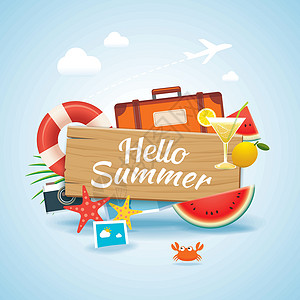海滩乐趣你好夏季旅行季节横幅设计和彩色 beac晴天乐趣插图享受海报天堂销售太阳卡片打印插画