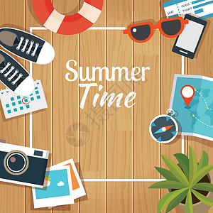 夏季旅游模板与木制背景太阳镜旅行派对广告乐趣标签海滩热带假期销售背景图片