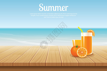 海木夏天背景蓝天与海和木显示 mont晴天果汁地面水果桌子木头天空墙纸阳光海滩插画