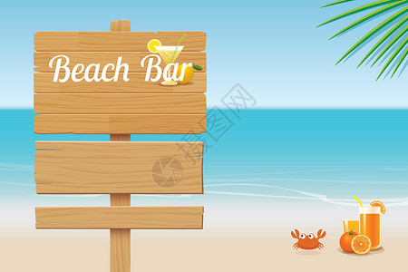 热带海滩背景上的夏季木牌旅行季节路标木板旅游晴天海浪招牌天空阳光背景图片