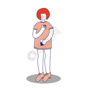 一个年轻的女孩正在喝药 她手里拿着一颗药丸和一杯水 疾病治疗 孩子正在接受治疗 矢量插画蓝线卡通风格插画
