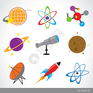 空间宇宙行星卫星望远镜星火箭分子原子平面图标 vecto飞船科学家生物学太空人化学品科学星星教育轨道学习背景图片