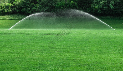 草坪上两台喷水器高清图片