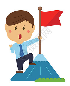 成就员工一个商务人士的卡通插图在山顶上抓着一面旗帜职业精神工作员工顶峰新工人风险挑战男人新兵插画