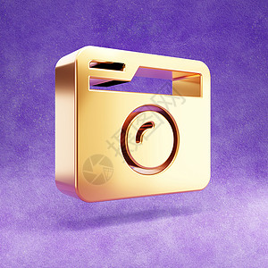 金色紫色照片相机图标 紫色天鹅绒背景上孤立的金色光泽相机符号3d光泽度橙子抛光黄色插图金子社会背景