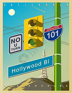 洛杉矶县带有黄色红绿灯好莱坞标志和路标的复古海报-禁止掉头 101 号州际公路 复古风格的矢量图解 美国加州设计图片