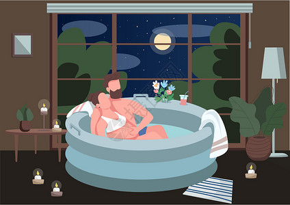 全程期待1212屏住呼吸在浴缸平板彩色矢量插图中期待一对夫妇插画