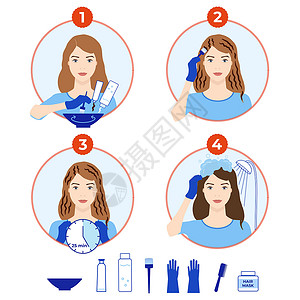 染发图标集 如何在家染发教程治疗指导染料产品染色说明发型信息淋浴染发剂插画