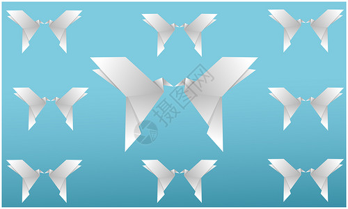 蓝色折纸标签剪纸鸟喜欢抽象背景蓝色折纸问候语装饰草图极简主义者标签插图卡片背景
