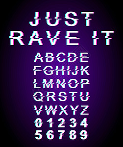 字体模板 复古未来派风格矢量字母表设置在紫色背景上 大写字母 数字和符号 具有失真效果的 DJ 现代派对字体设计背景图片