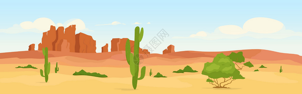 西部高地白梗白时西部干燥沙漠平板颜色矢量插图插画
