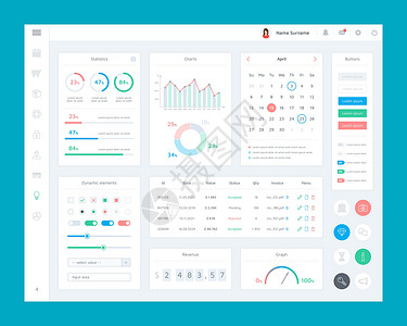 营销平台用户界面 ui 电子商务平台的平面界面元素集 带有和业务图标集的仪表板管理面板  UI 和 UX 矢量图背景图片