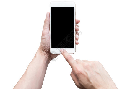 用黑色模拟屏幕握着智能手机的手空白手势男人细胞小样白色背景图片