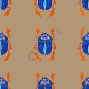 米色背景上孤立的蓝色圣甲虫 与 Bug 昆虫甲虫的无缝模式 包装纸设计封面贺卡墙纸面料漏洞绘画风格艺术织物文化神话动物装饰品生物背景图片
