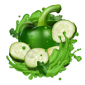 绿黄瓜绿胡椒和黄瓜在蔬菜汁喷洒中的切片味道果汁插图美食烹饪饮食菜单沙拉飞溅营养设计图片