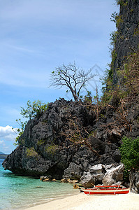 巴拉望BBH 海滩水沙 码头船和树木旅游漂浮运输码头蓝色旅行背景