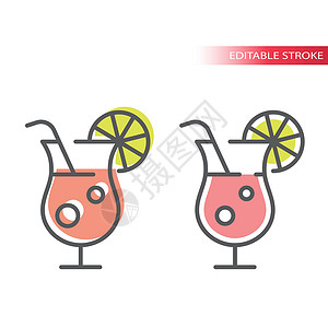 夏季特饮柠檬杯带有柠檬线图标的夏季鸡尾酒杯插画