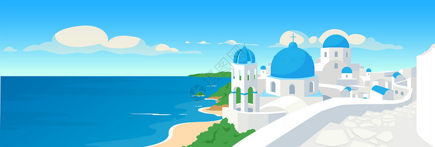 圣托里尼岛希腊沿海城镇平面彩色矢量插图插画