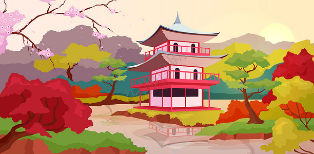 观光塔日本塔式平板彩色矢量插图插画