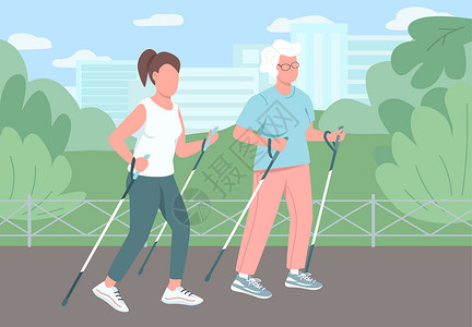 户外团体运动步行平板彩色矢量插图插画