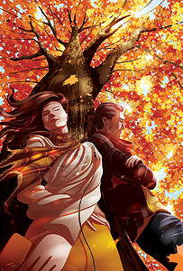 秋天 两个情人一起在树下听音乐背景图片